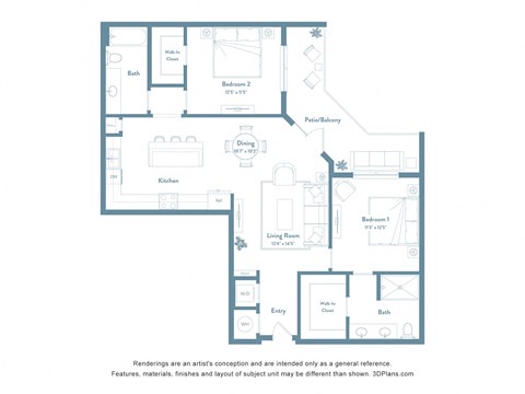 Floor plan for 2 beds, 2 baths, 1145 sqft